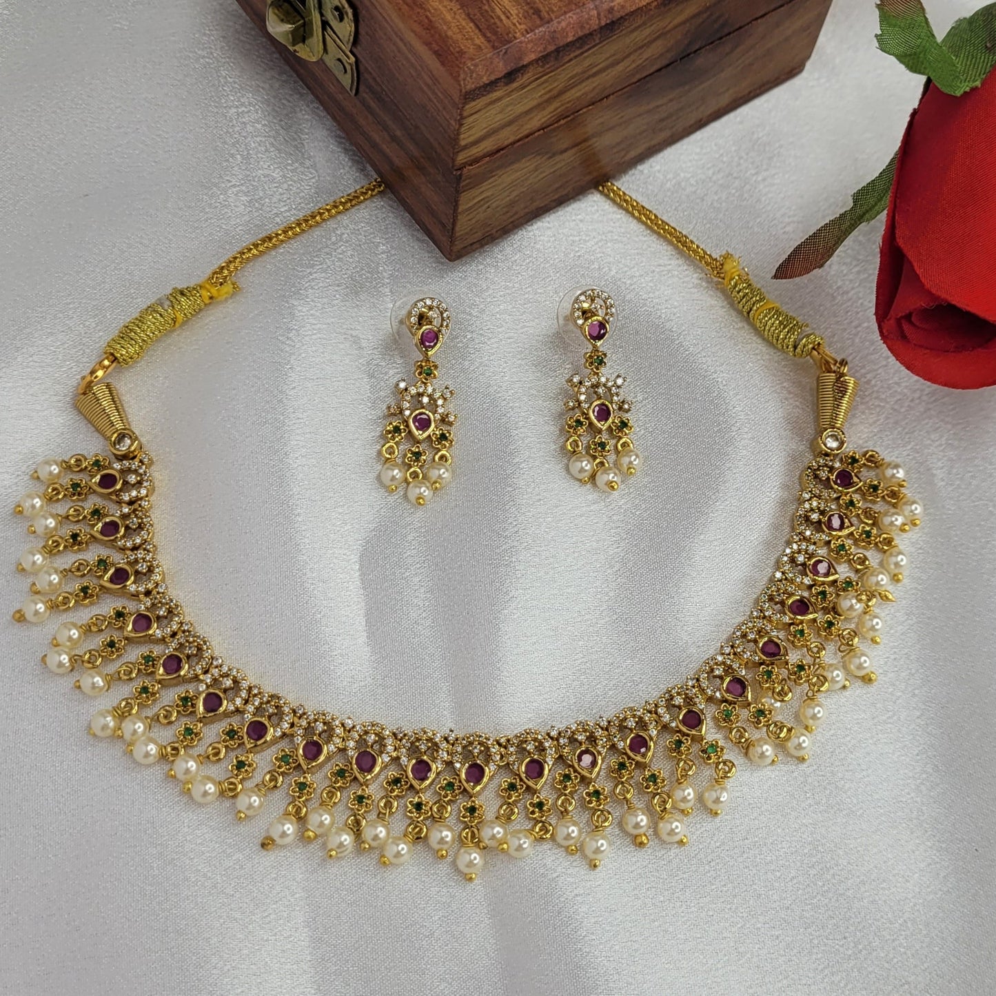 Luxurious Ruby & Pearl Gold Choker Necklace Set