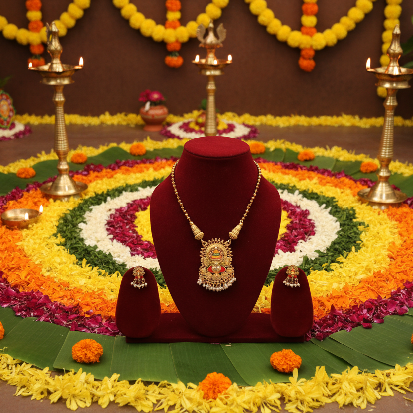 Divine Lakshmi Pendant Gold Necklace Set