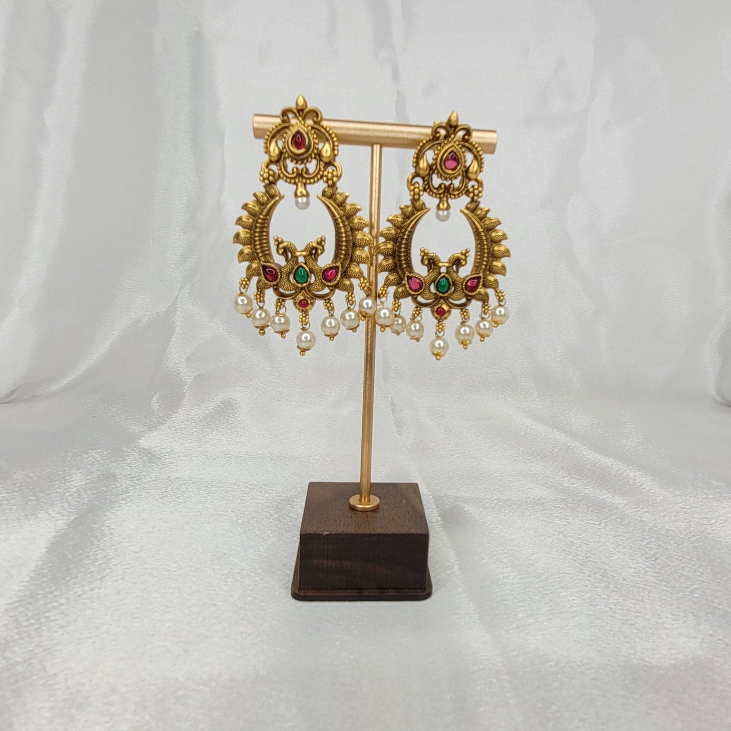 Elegant Chandbali Earrings with Green & Red Accents
