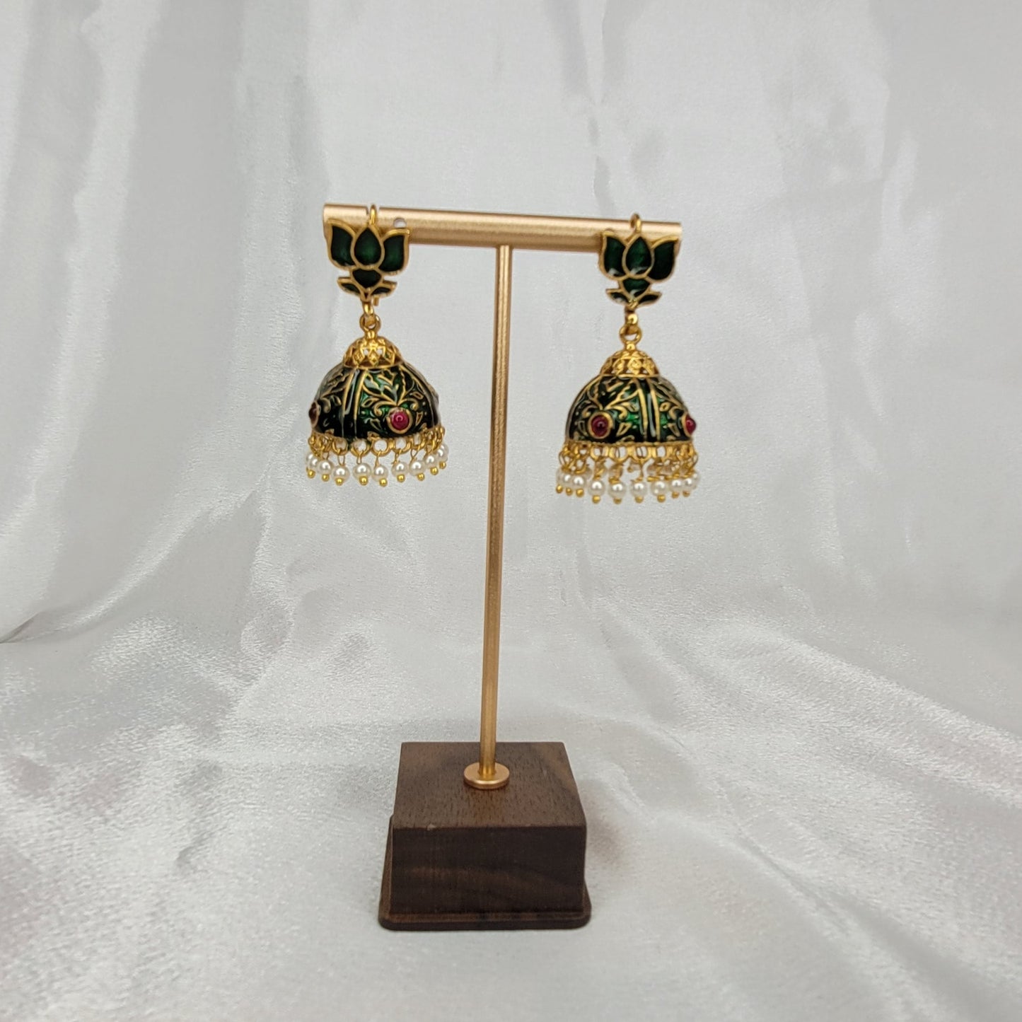 Green - Lotus Jhumka Earrings with Pearl Drops