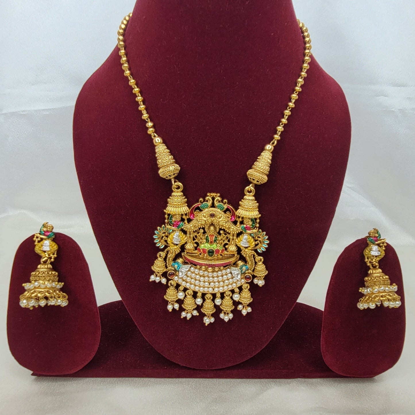 Royal Temple Lakshmi Pendant Necklace Set with Pearl Jhumkas
