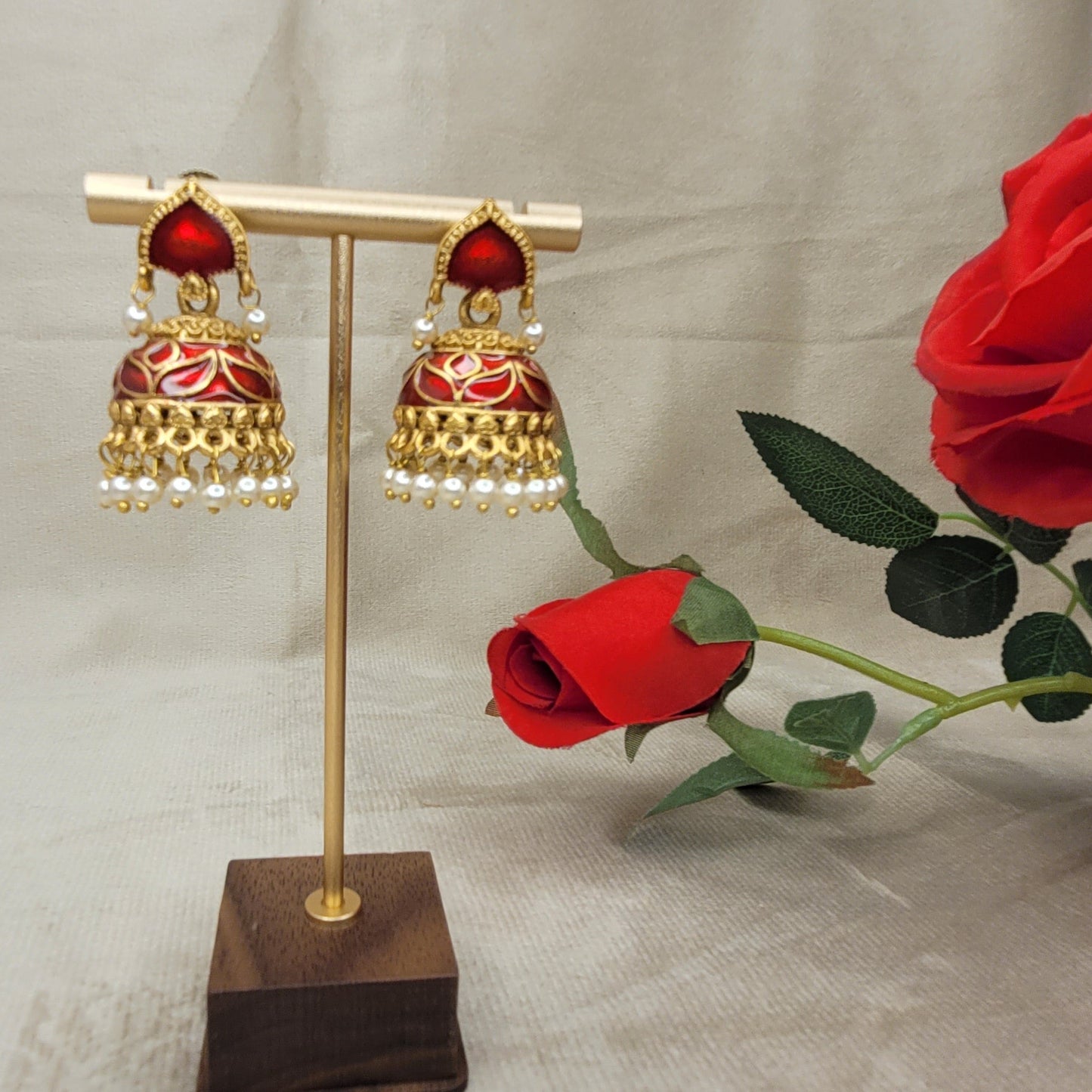Red Enamel Jhumka Earrings with Pearl Danglers