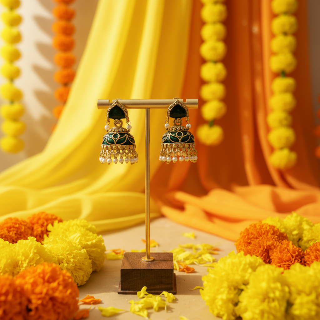 Green Enamel Jhumka Earrings with Pearl Danglers