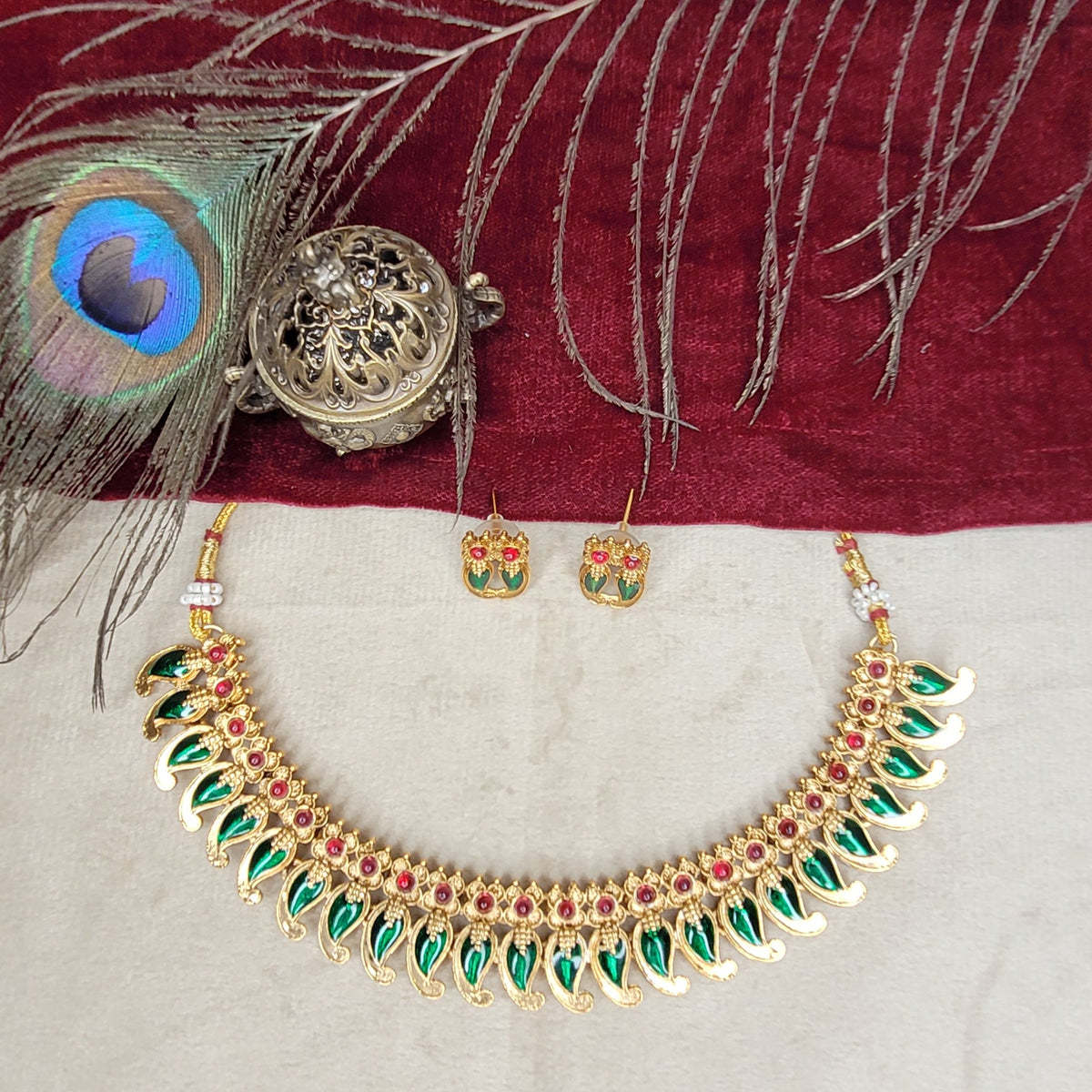 Emerald Green & Ruby Gold-Plated Leaf Necklace Set