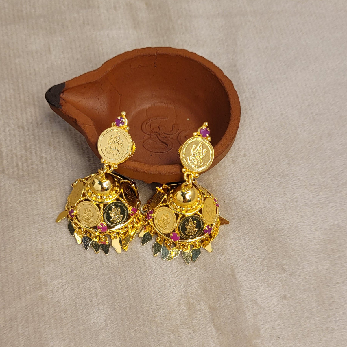 Traditional Gold-Plated Lakshmi Coin Jhumka Earrings