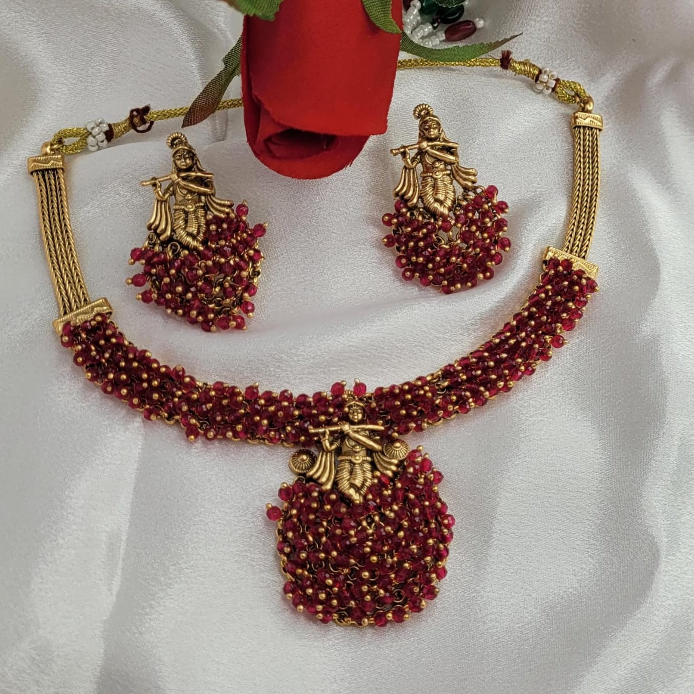 Premium Quality Golden Temple Necklace with Red Pearls