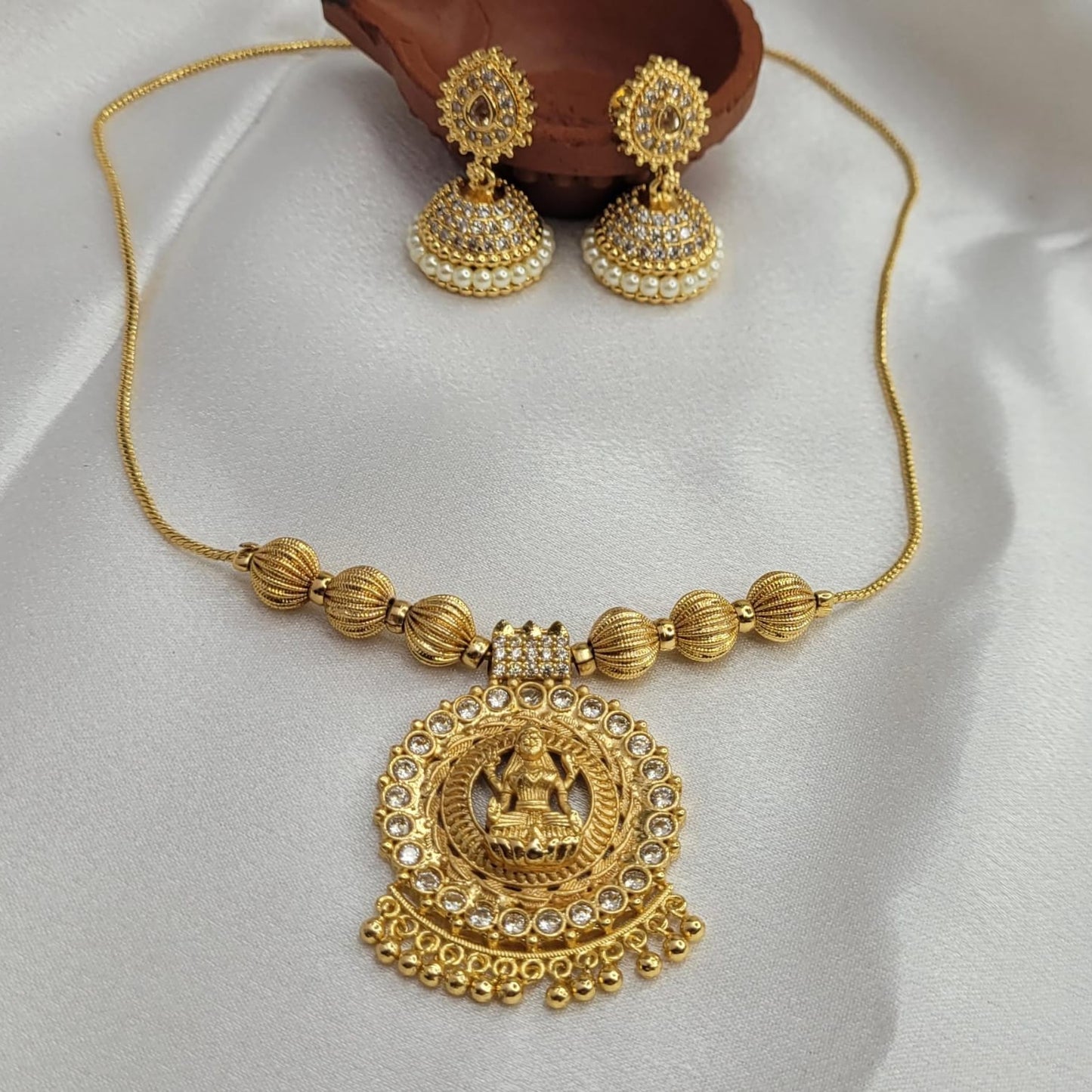 Gold Plated Lakshmi Pendant with Earring Set