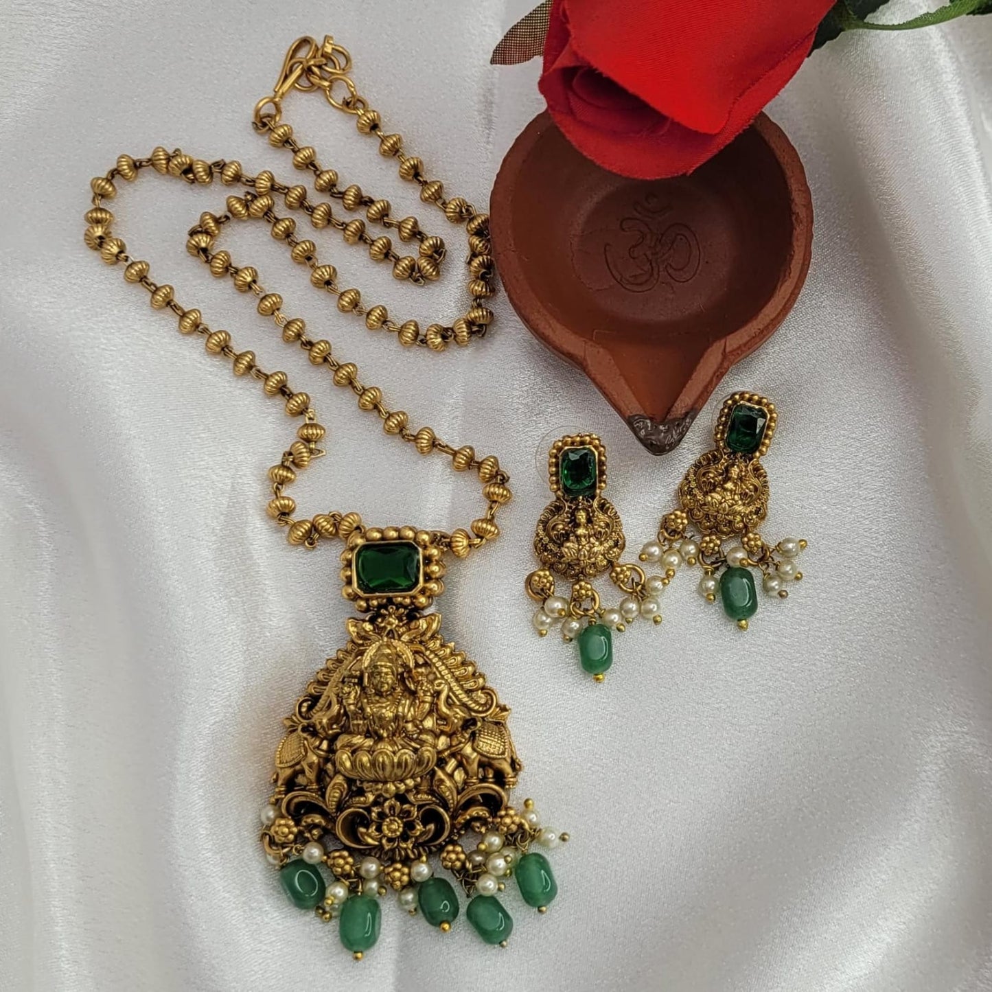 Antique Matte Finish Lakshmi Long Pendant Set