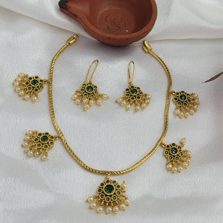 Flower Necklace with Green Gem Stones