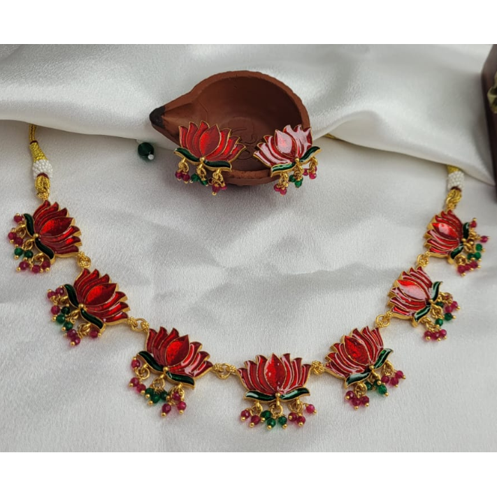 Lotus Design Choker Necklace and Earring Set For Wedding Festival