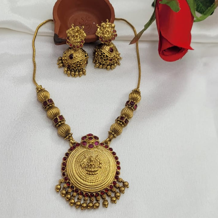 Antique Matte Finish Goddess Lakshmi Necklace set with Red Gem Stones