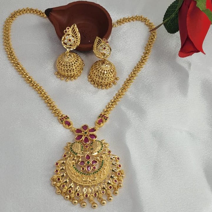 Traditional Gold Plated Necklace Set with Pink & Green Gem Stones