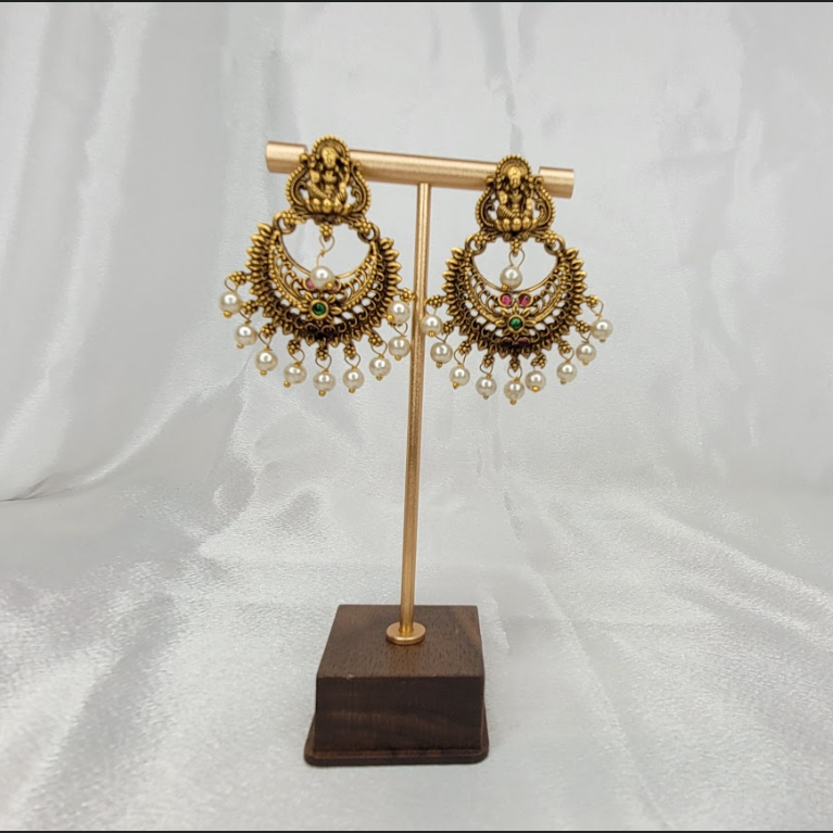Antique Temple Chandbali Earrings with Pearl Fringe