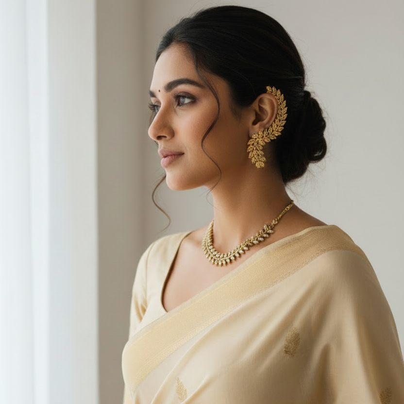 Gold-Plated CZ Floral Vine Ear Cuff Earrings