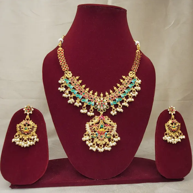 Antique Gold Multicolor Floral Statement Necklace Set with Pearl Danglers