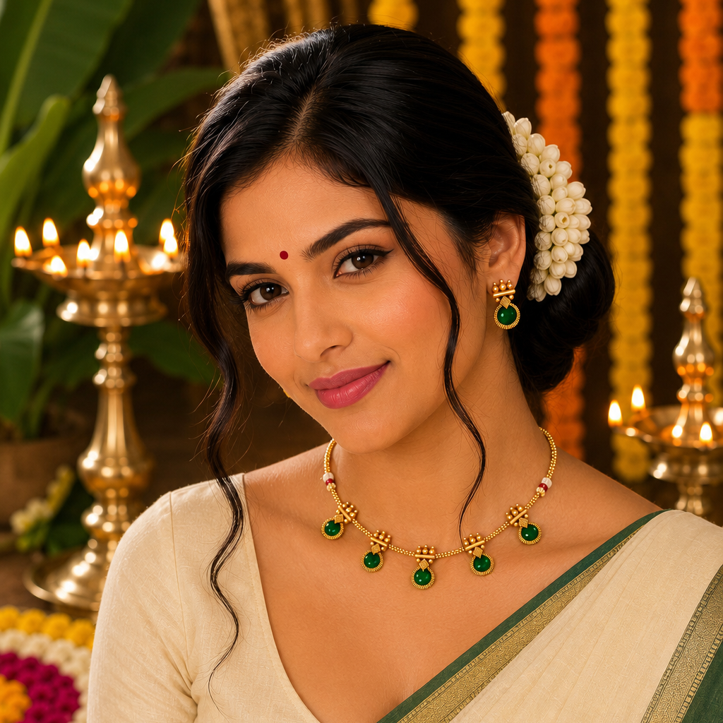 Emerald Drop Antique Gold Necklace Set