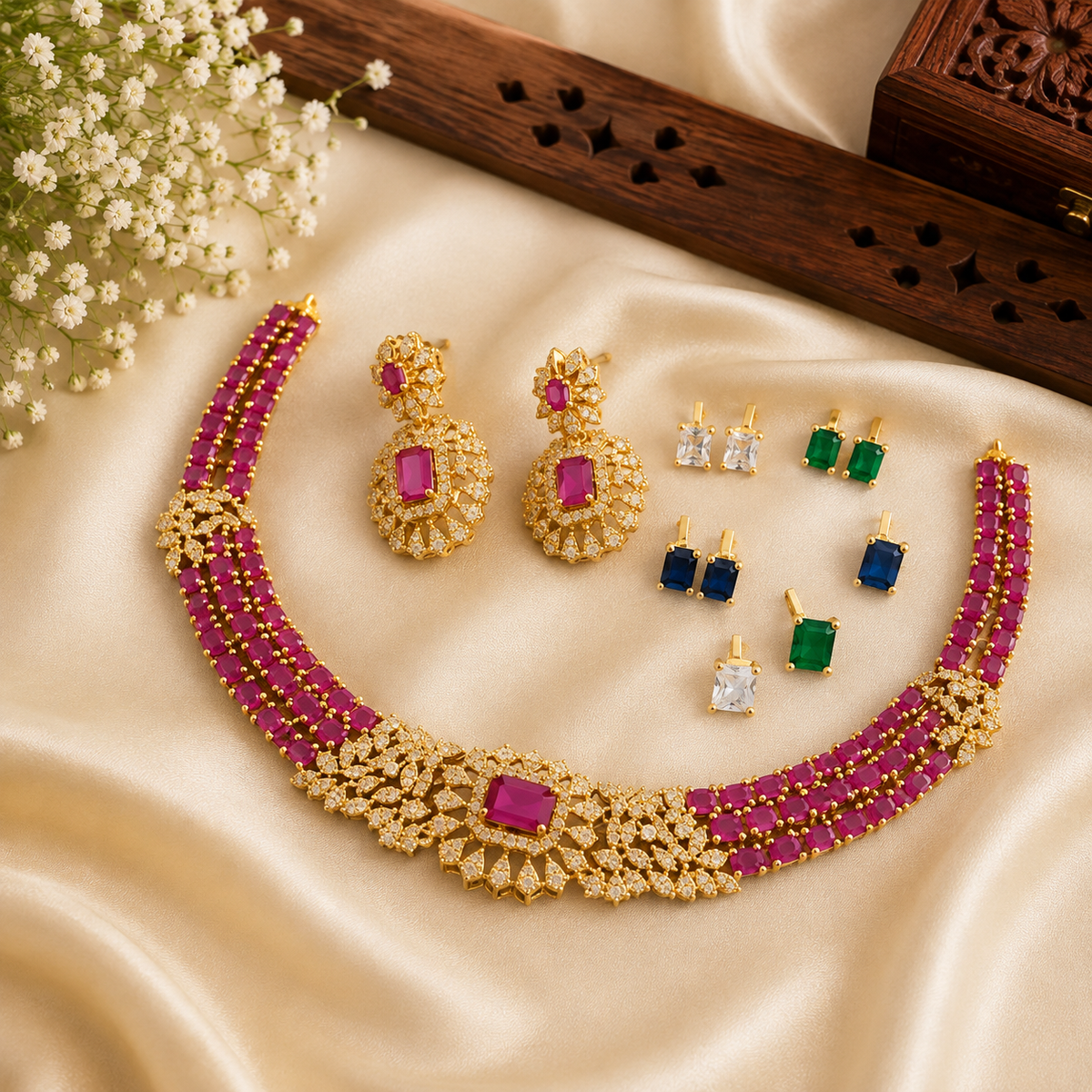 π Royal Ruby Stone-Changable Floral Necklace