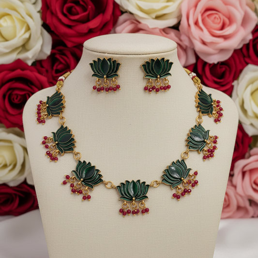 Royal Lotus - Inspired Necklace Set with Ruby Accents