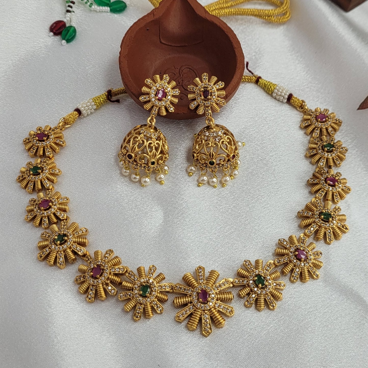 Multicolor Gold Plated Necklace with Jhumki Earrings