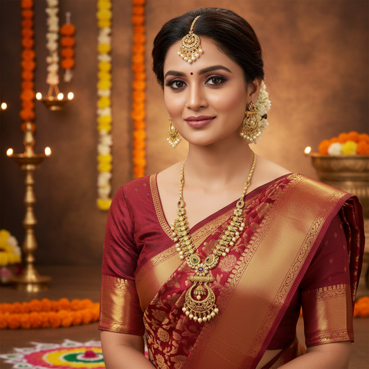 Antique Gold Necklace Set with Kundan & Pearl Drops