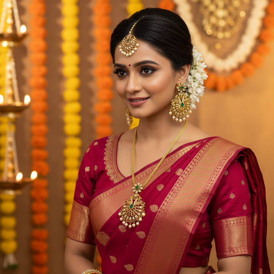 Minimal Gold Pendant Necklace Set with Kundan & Pearl Drops