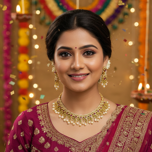 Luxurious Ruby & Pearl Gold Choker Necklace Set