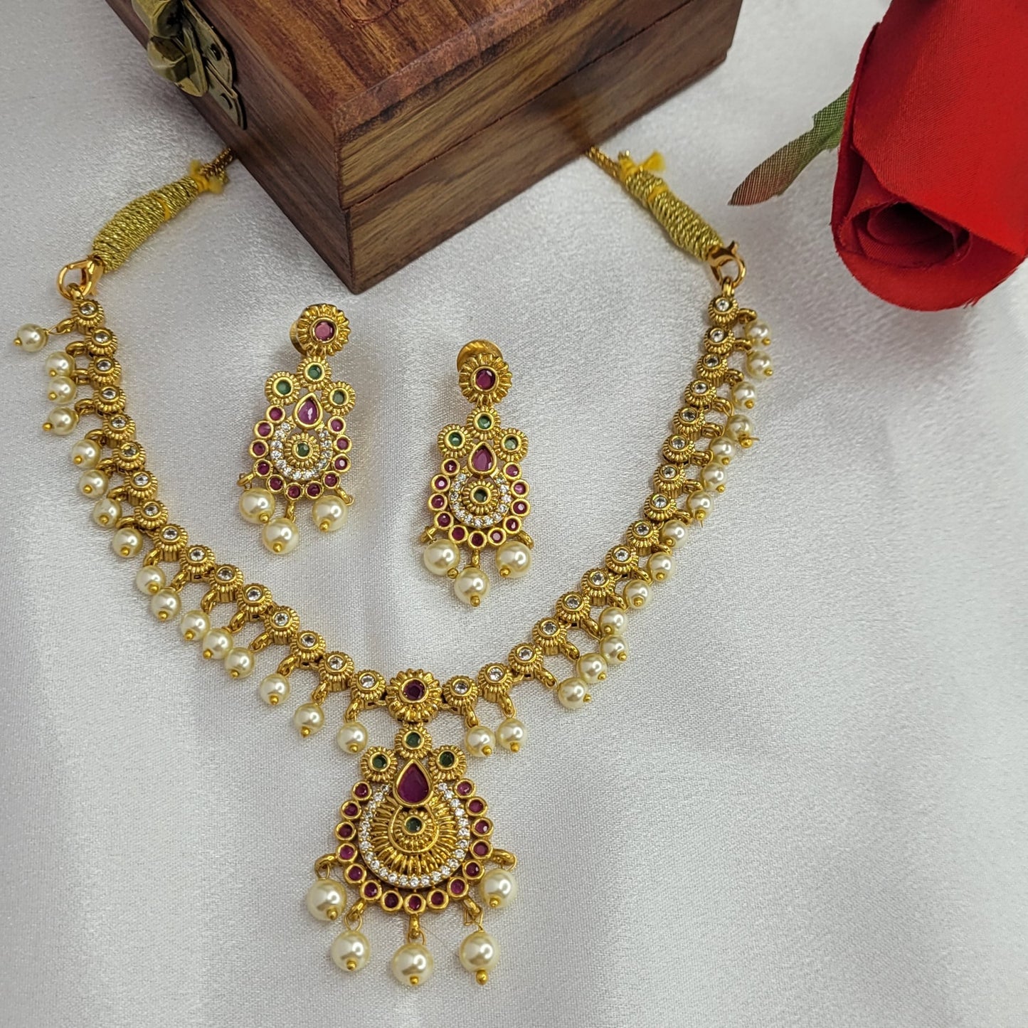 Gold Plated - Choker Necklace Set with Pearl Drops