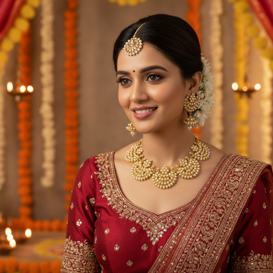 Pearl Embellished Gold Necklace Set