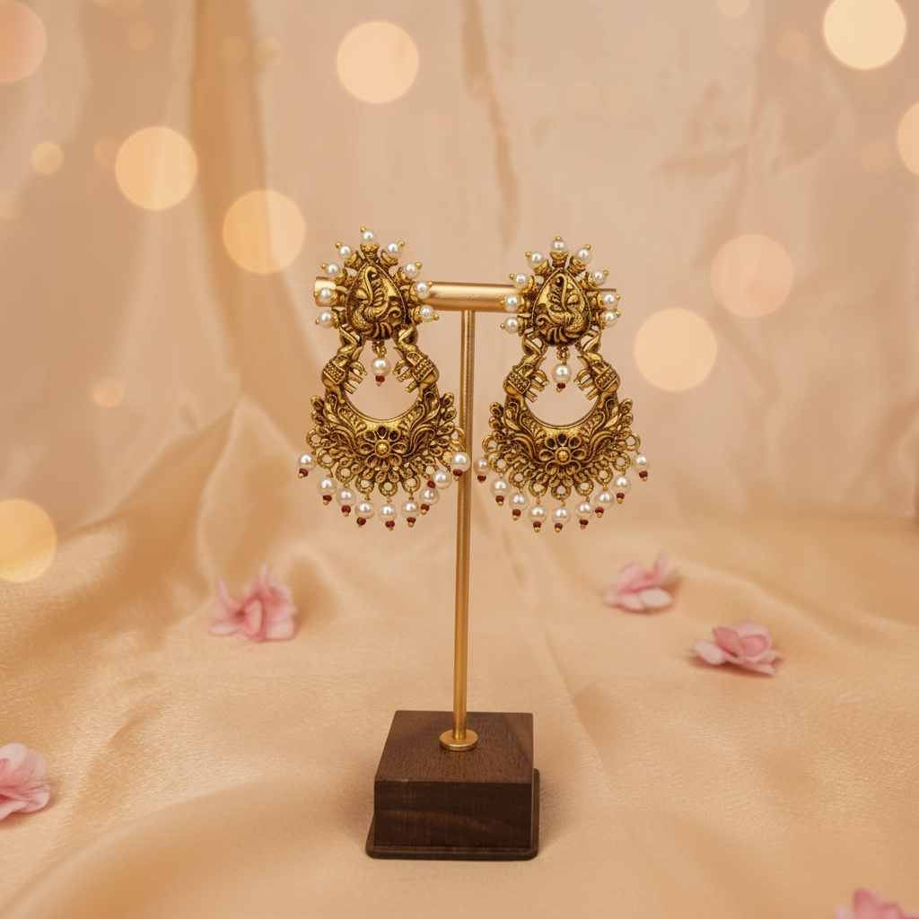 Antique Temple Chandbali Earrings with Pearls Drops
