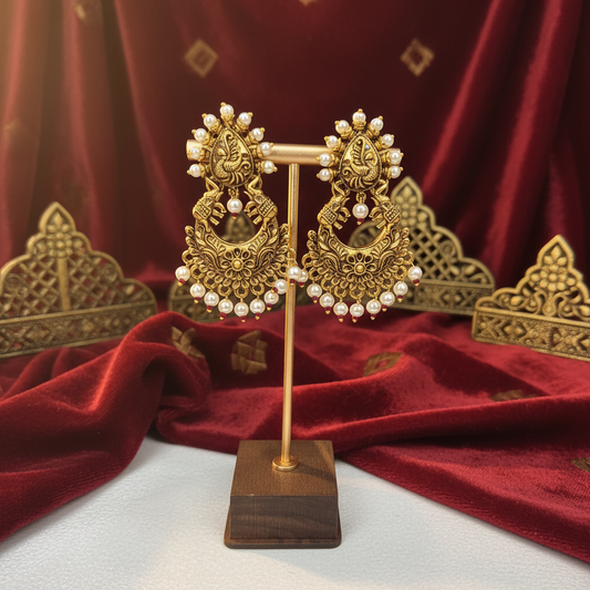 Antique Temple Chandbali Earrings with Pearls Drops