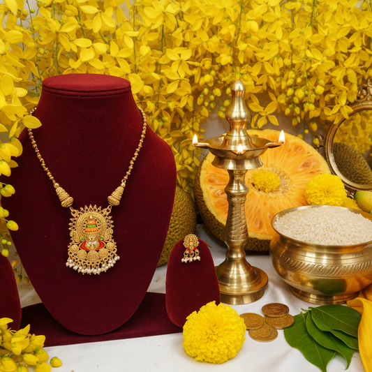 Divine Lakshmi Pendant Gold Necklace Set