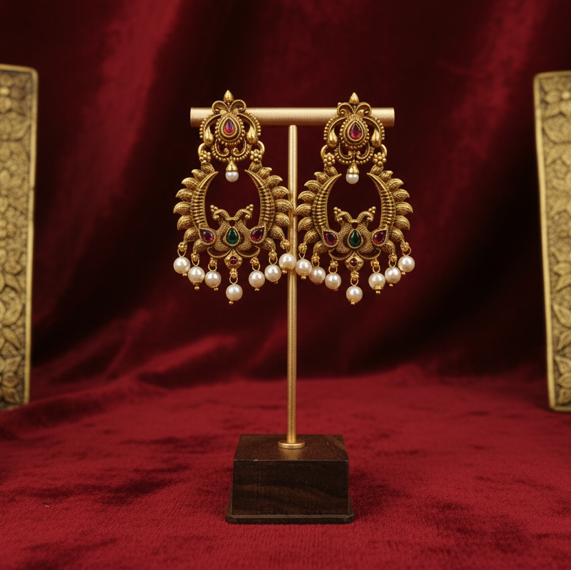 Elegant Chandbali Earrings with Green & Red Accents