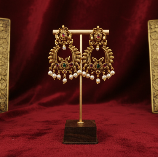 Elegant Chandbali Earrings with Green & Red Accents