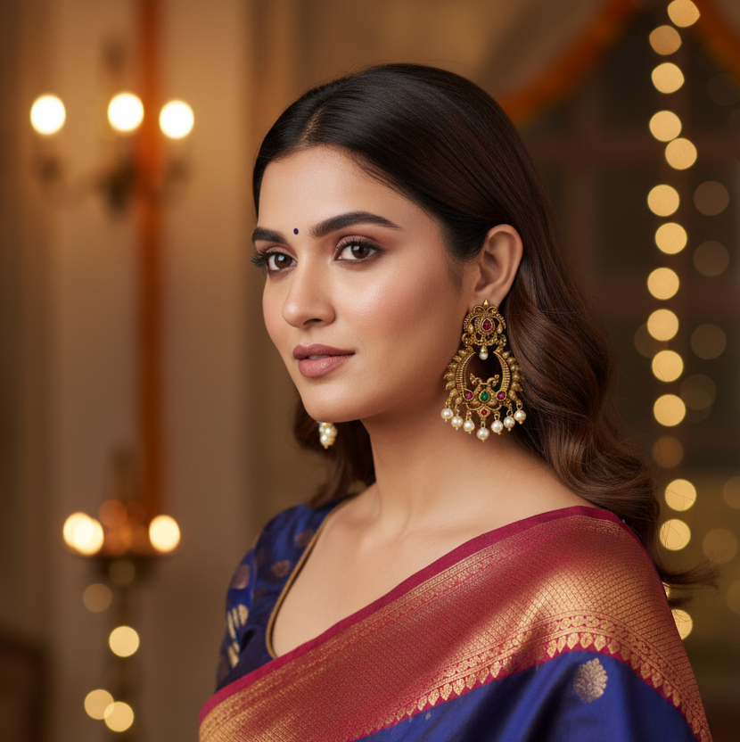 Elegant Chandbali Earrings with Green & Red Accents
