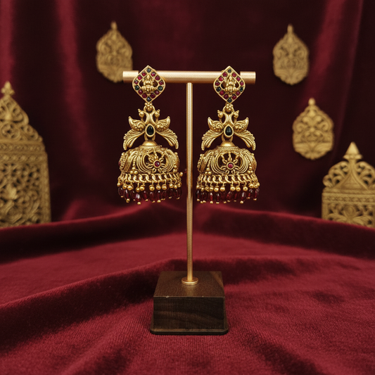 Antique Gold Jhumka Earrings with Red Bead Drops