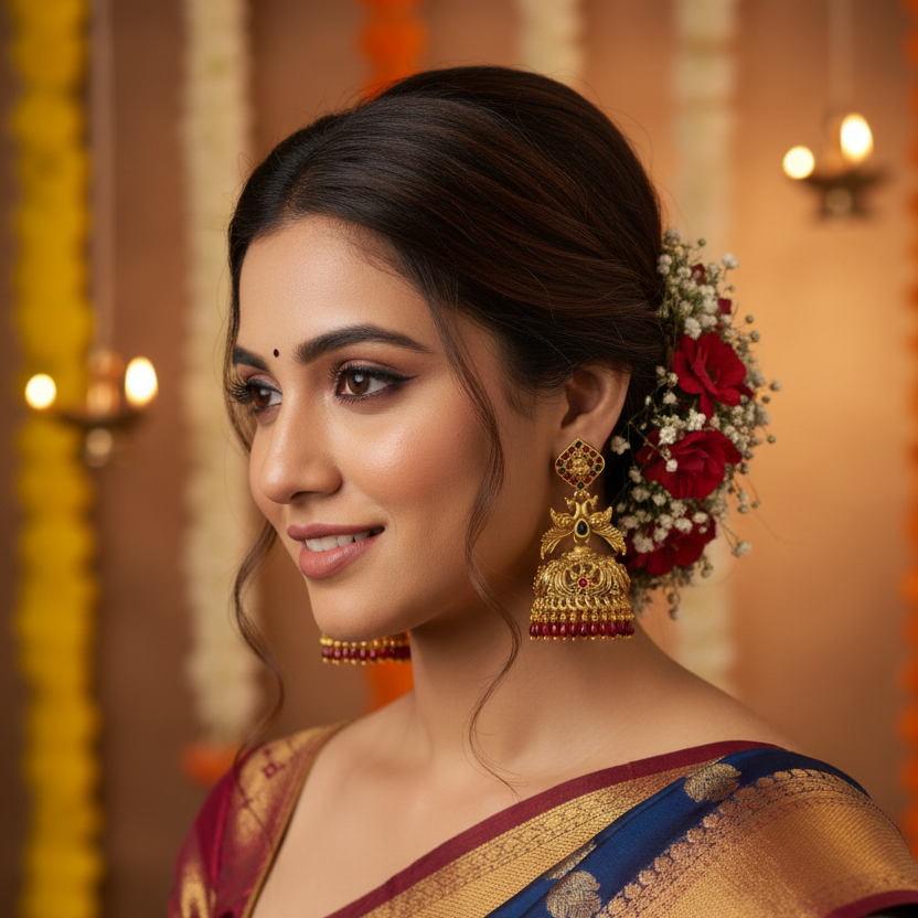 Antique Gold Jhumka Earrings with Red Bead Drops