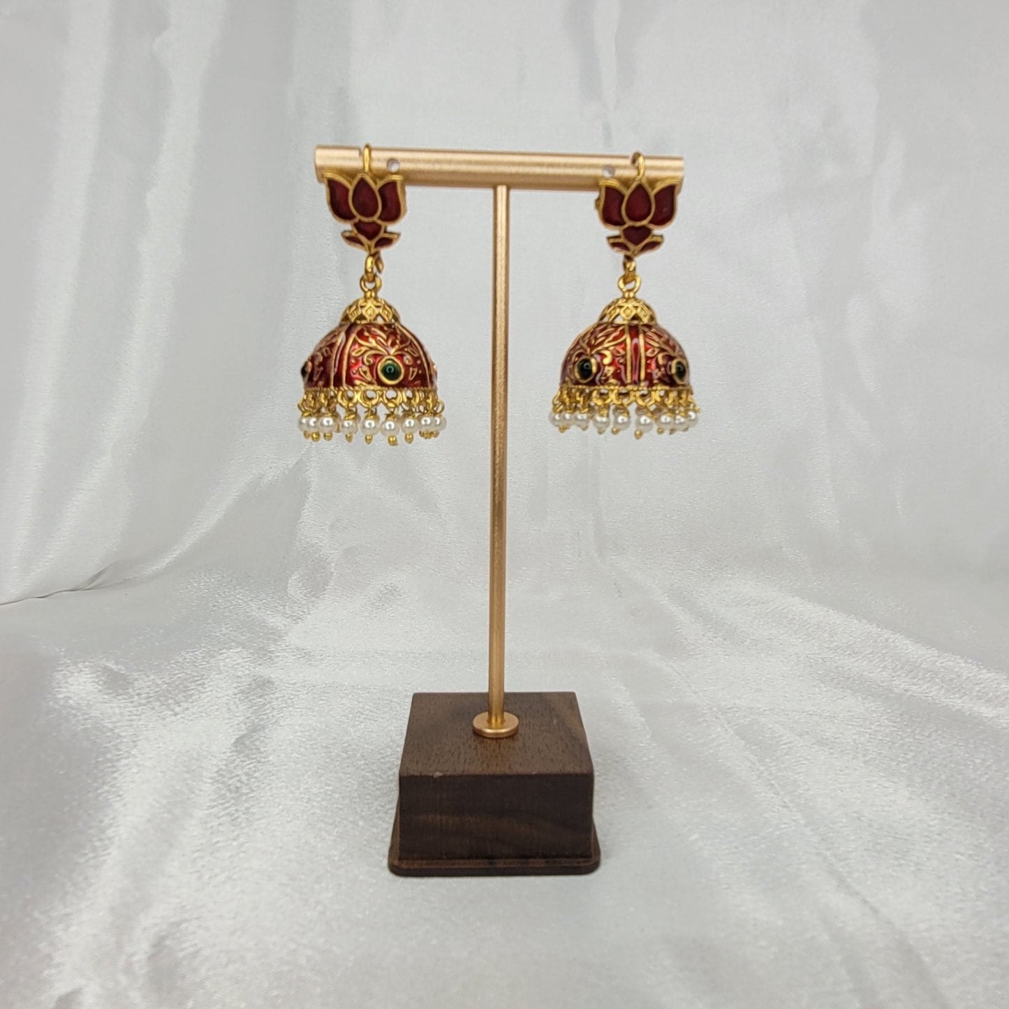 Red - Lotus Jhumka Earrings with Pearl Drops