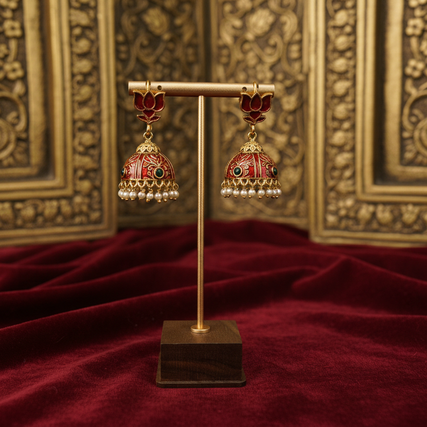 Red - Lotus Jhumka Earrings with Pearl Drops