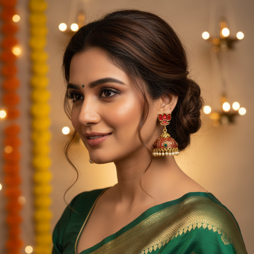 Red - Lotus Jhumka Earrings with Pearl Drops