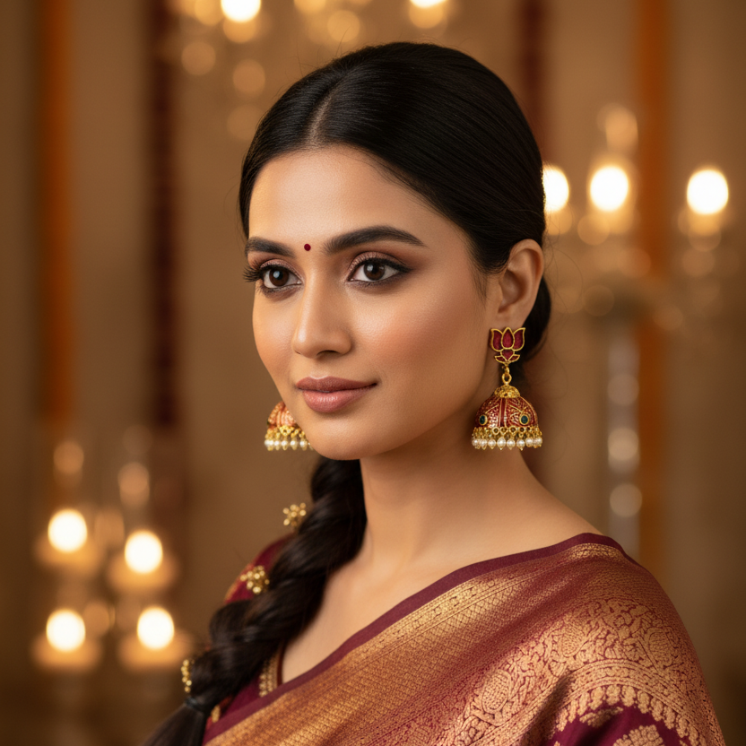Red - Lotus Jhumka Earrings with Pearl Drops