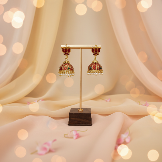 Red - Lotus Jhumka Earrings with Pearl Drops