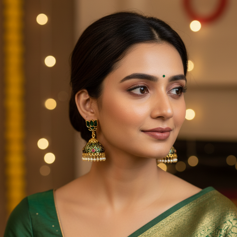 Green - Lotus Jhumka Earrings with Pearl Drops