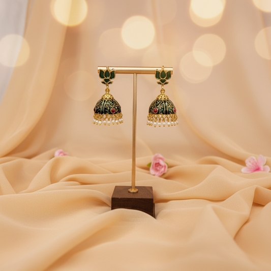 Green - Lotus Jhumka Earrings with Pearl Drops
