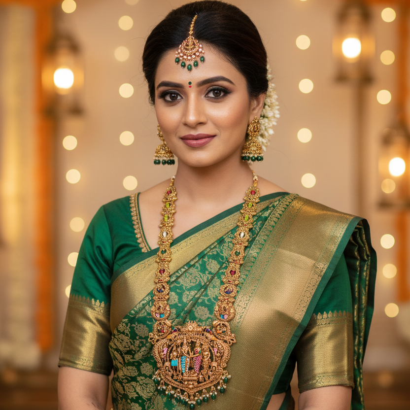 Grand Temple Haram Necklace Set with Ram Darbar Pendant