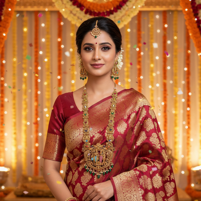 Grand Temple Haram Necklace Set with Ram Darbar Pendant