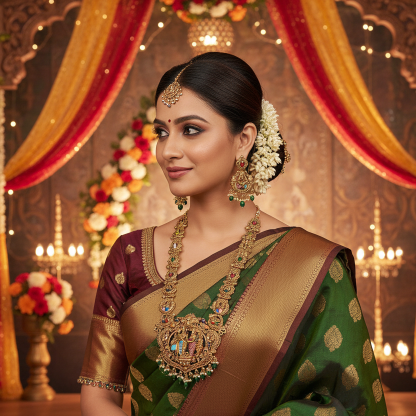 Grand Temple Haram Necklace Set with Ram Darbar Pendant