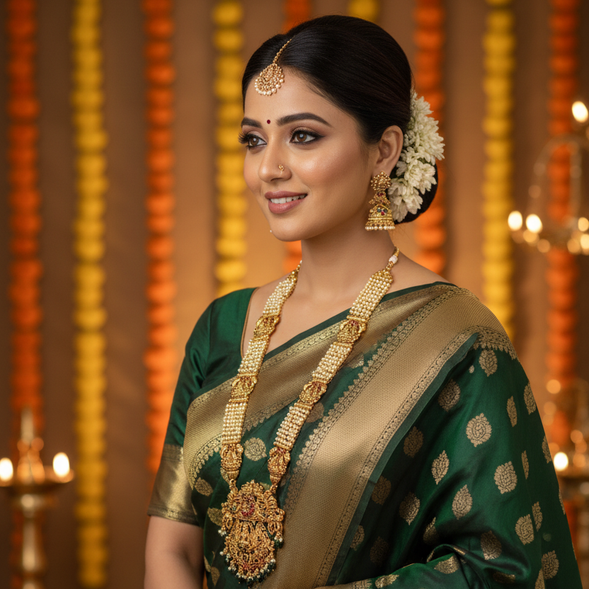 Multi-layered Royal Pearl Haram with Lakshmi Pendant
