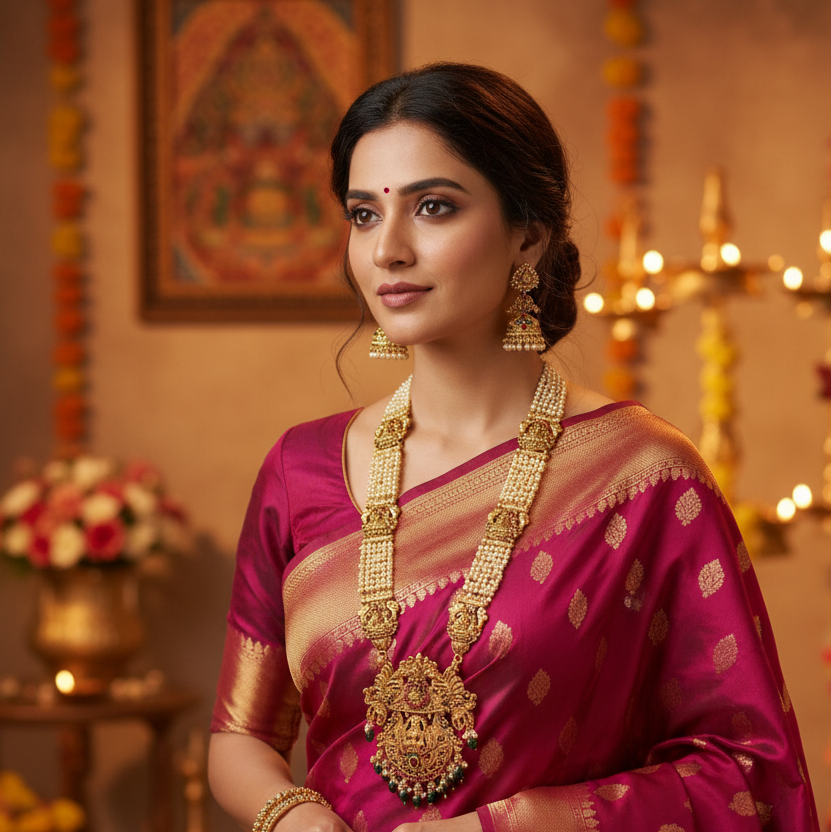 Multi-layered Royal Pearl Haram with Lakshmi Pendant