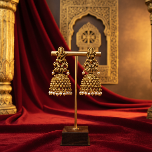 Antique Gold -Temple Pearl Jhumka Earrings