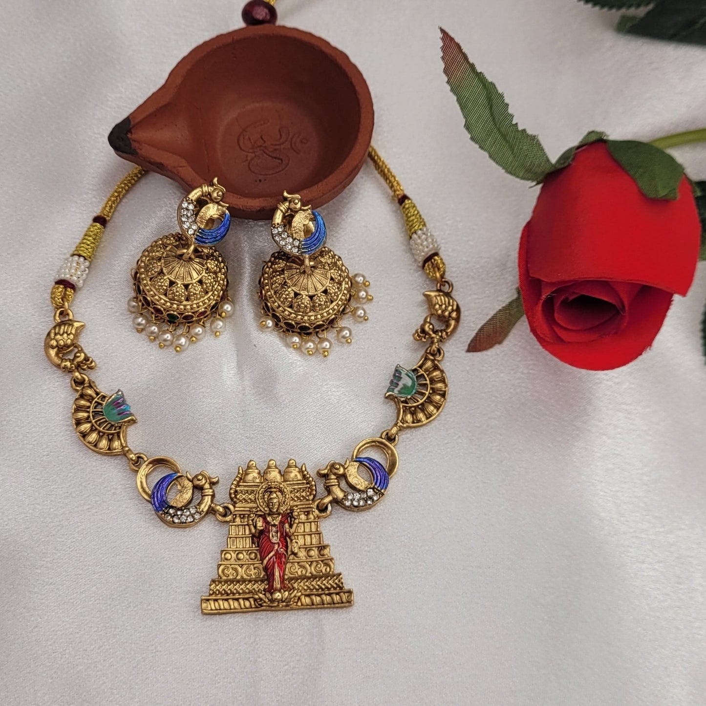 Peacock Gopuram Temple Necklace Set with Pearl Jhumkas